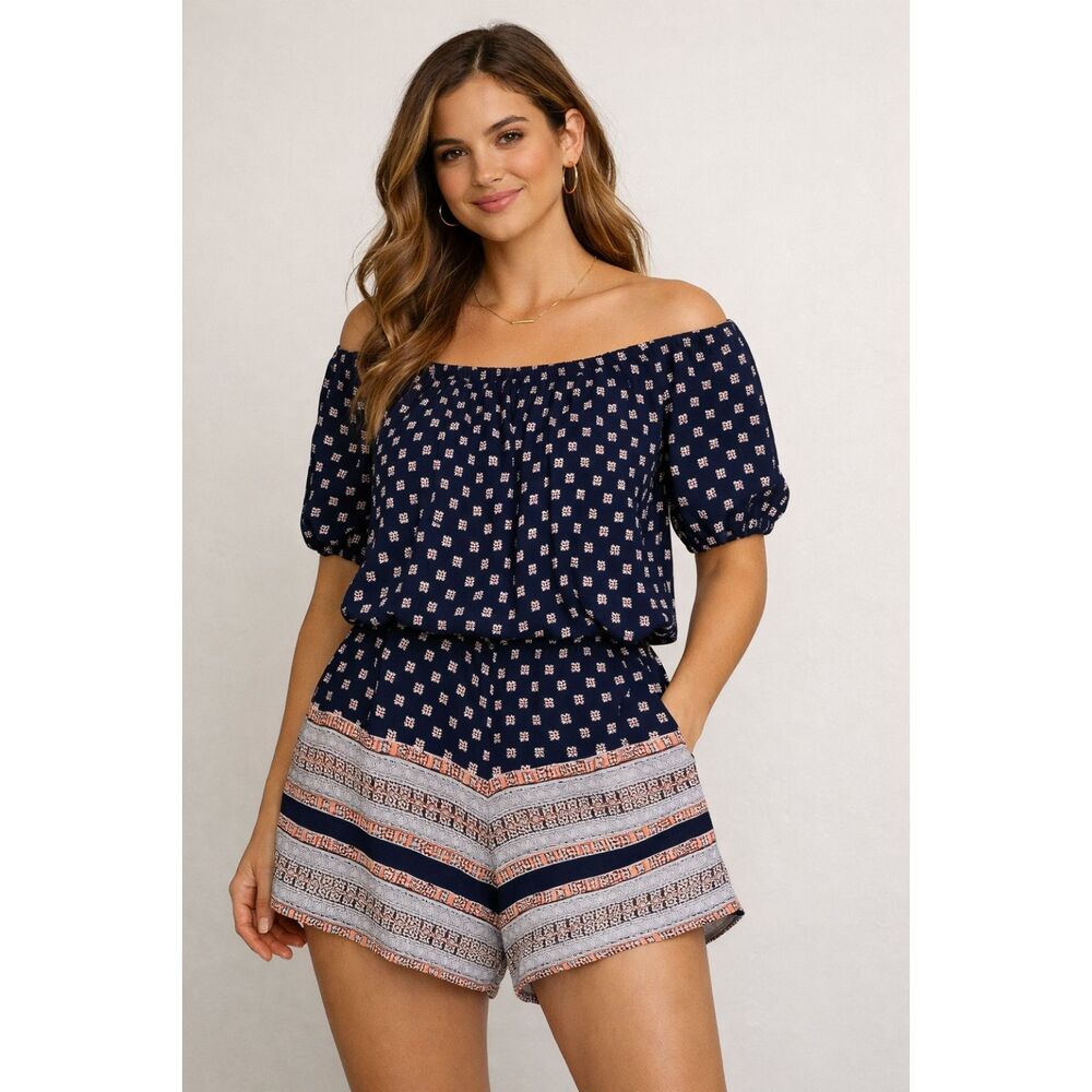 Angie Babydoll Off Shoulder Romper. Navy Blue, Size L.